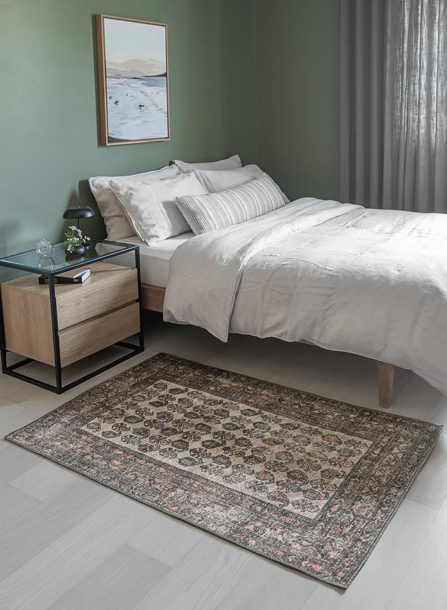 Teal & Orange Lattice Vintage Oriental Low Pile Accent Rug in Ivory with Rust Accents – 3’ x 5’ Accent Rug for Entryway, Kitchen, Fireplace, or Bedroom – Durable, Easy to Clean, Pet & Kid Friendly