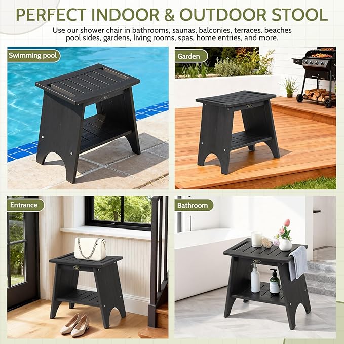 Shower Benches for Inside Shower, Waterproof HDPS Shower Stool for Shaving Legs, 500LBS Heavy Duty Shower Chair With Storage Shelf, Waterproof Shower Seat for Bathroom, Elderly, Indoor, Outdoor, Black