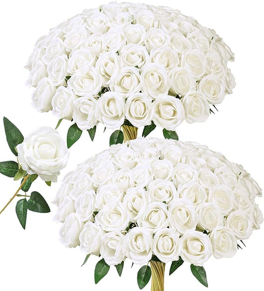 HyeFlora 50 PCS White Roses Artificial Flowers, Fake Roses with Stems Realistic Silk Roses for DIY Wedding Bouquets Tables Centerpieces Arrangements Party Baby Shower Birthday Home Decor Gift for Her