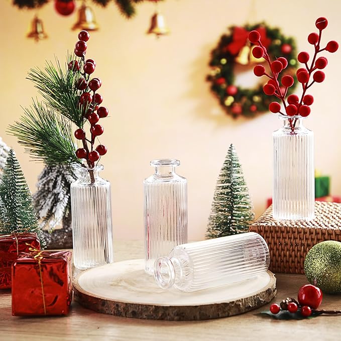 Honeydak Set of 24 Plastic Mini Bud Vases, Vintage Clear Decorative Vases Bulk for Table Centerpieces, Wedding Reception, Baby Shower, Home Decor, Housewarming Gift(Striped)