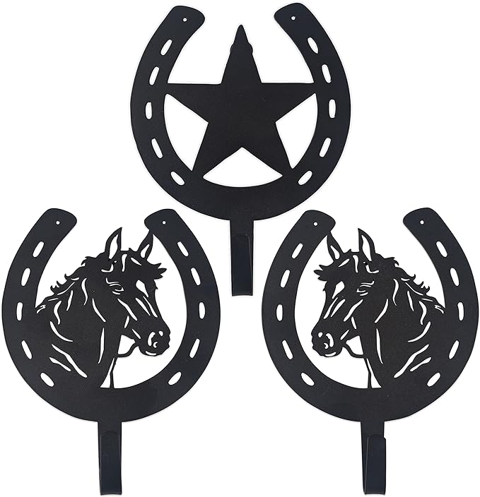 3PCS Horse Star Rustic Ranch Horse Head Hook Coat Hooks, Key Hooks