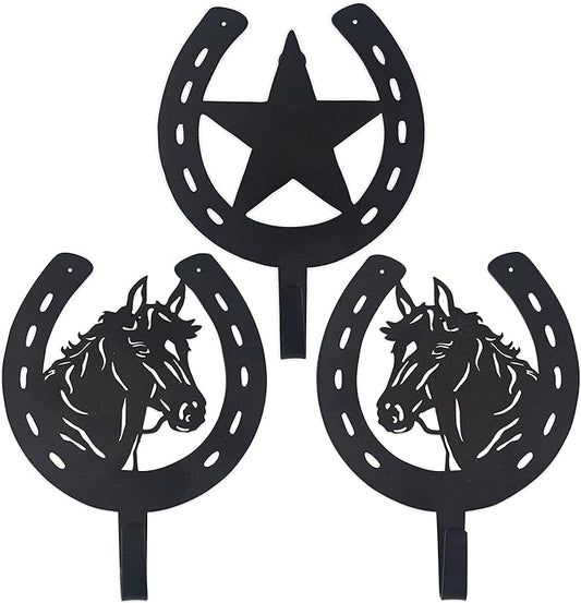3PCS Horse Star Rustic Ranch Horse Head Hook Coat Hooks, Key Hooks