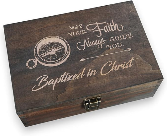 Engraved Baptism Memory Box – Wooden Keepsake Box for Christening Gifts, Baby Dedication, or First Communion – Medium Size – Dark Walnut Finish – 8.5 x 6 x 3 in