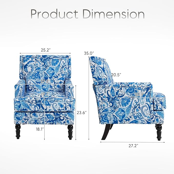 Yogald Vintage Accent Armchair, Mid Century Corner Chair with Nail-Head Trim, Comfy Upholstered Reading Chair, Mediterranean Chair for Living Room Bedroom Guest Room(Blue-and-White Porcelain Blue)