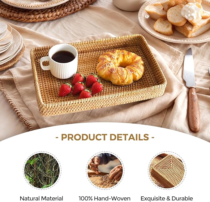 Rattan Serving Tray, Including 3 Sizes of Woven Wicker Rectangle Trays & Shallow Basket Trays. Decorative Rattan Baskets with Organizing Function, Daily Serving Needs
