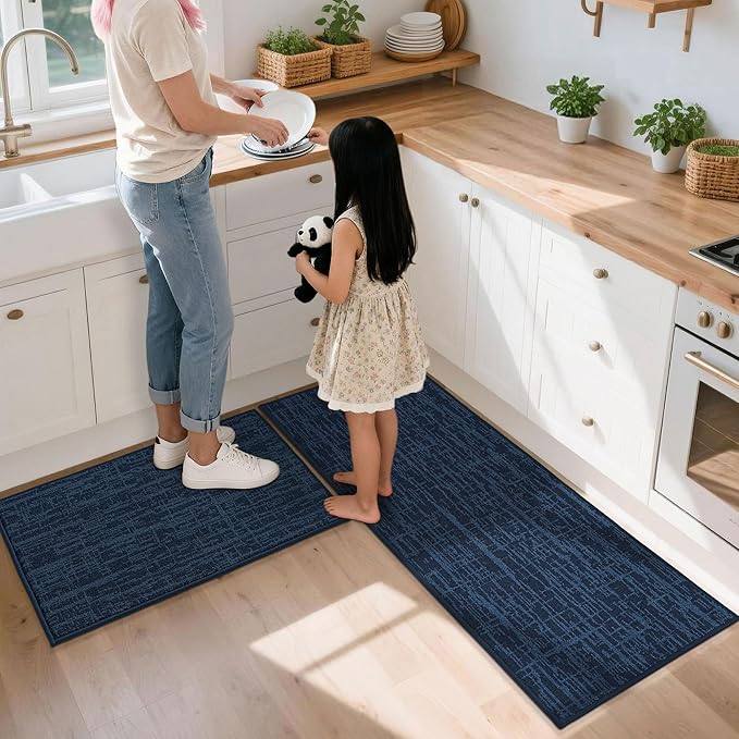 COSY HOMEER Kitchen Rugs 20"x32"+20"x48",Absorbent Soft Kitchen Mats for Floor,Non Slip Kitchen Runner Rug,Washable Kitchen Floor Mats for Sink Mat,Hallway,Laundry,Navy Blue