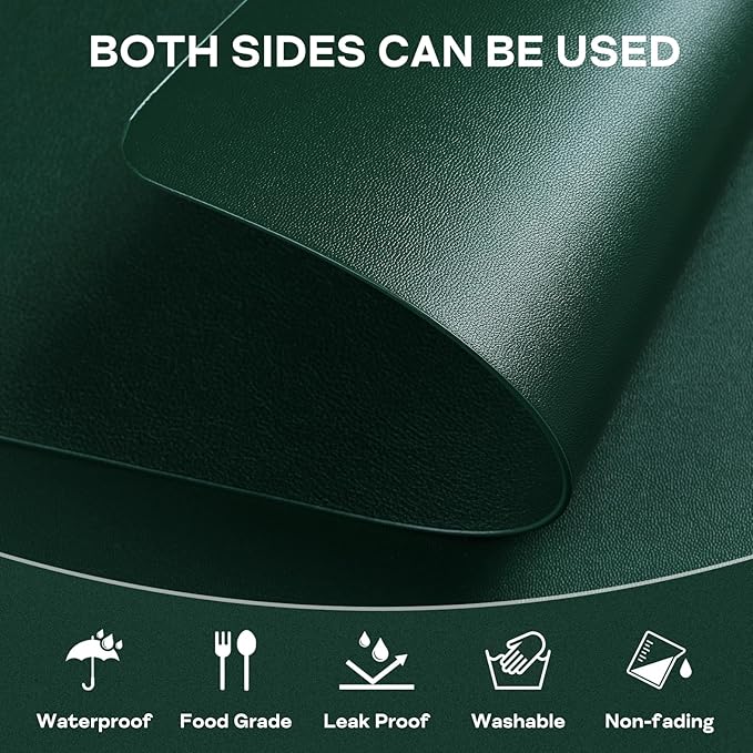 Faux Leather Placemats Set of 6, Vinyl Placemats Heat Resistant Place Mats, Waterproof Oil-Proof Wipeable Dining Table Mats and Coasters for Kitchen, Indoor, Outdoor (Deep Green)