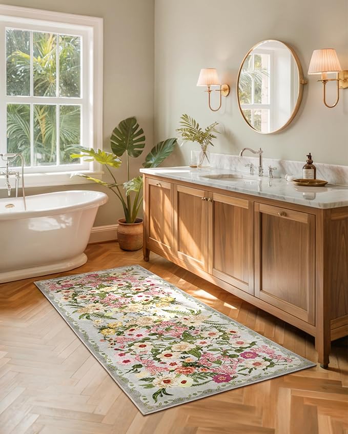 AREAMAY Floral Runner Rug 2x6 - Washable Vintage Kitchen Rug Low Pile Non-Slip Carpet for Entryway Hallway, Laundry, Bedroom - Soft, Stain Resistant Indoor Area Rug - Grey