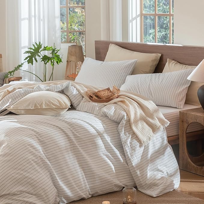 MooMee Striped Duvet Cover Set 100% Washed Cotton Linen Like Textured Breathable Durable Soft Comfy (White Cornflower Blue Wide Stripes, King 104"x90")