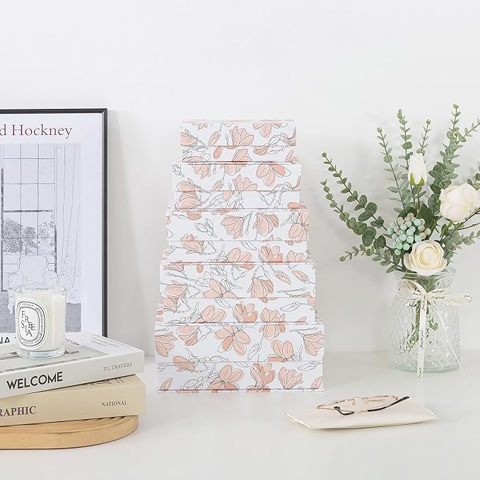Soul & Lane Decorative Cardboard Storage Boxes with Lids - Set of 5, Floral Nesting Keepsake and Memory Boxes, Organizers with Magnetic Closure for Home Décor and Gifts, Canvas Bloom