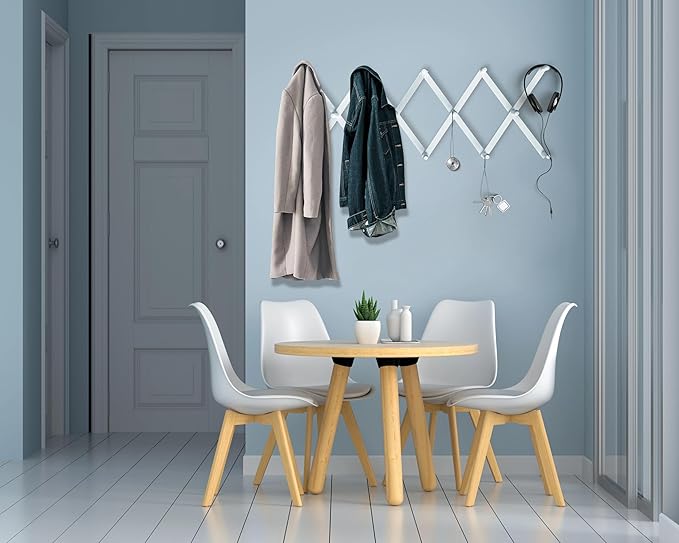 Expandable Wooden Coat Rack Hanger - Large Accordion Hanger with Expanding Pegs | Hand Made Modern Wooden Hat Rack for Wall | Hang Coat, Jacket, Hat | Wall Rack – 14 Hook, Chalk White
