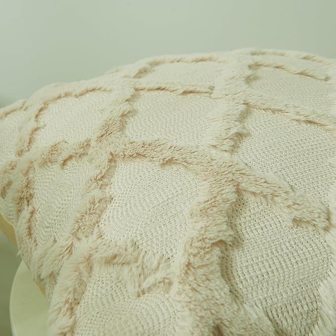 EMMTEEY Boho Pillow Cases 18x18 Inch Set of 2, Striped Embroidered Faux Fur Pillow Covers - Wrinkle Free & Decorative Accent Cushion for Sofa Couch Bed (Beige)