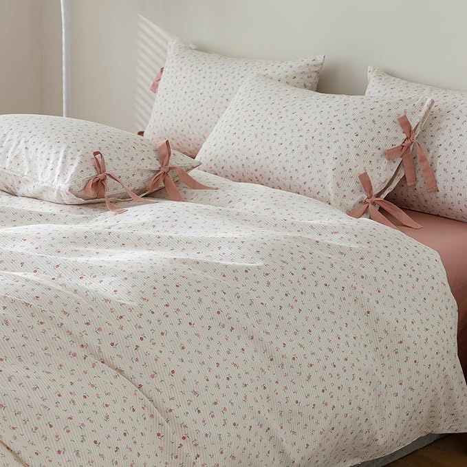 Pink Flower Duvet Cover Queen Vintage Garden Style Girls Comforter Cover Pink Stripes Bedding Set Cotton Rose Flower Comforter Cover with 2 Bow Ties Pillowcases Botanical Cottagecore Duvet Cover Set