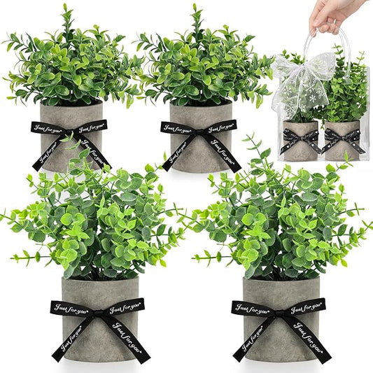 DomeStar 4PCS Faux Eucalyptus Stems, Artificial Eucalyptus Plants Greenery Stems in Pots with Gift Bags and Ribbons for Shelf Desk Home Bathroom Modern Farmhouse Living Room Coffee Table Decor