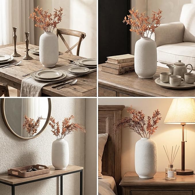 White Ceramic Vase, Textured Rustic Farmhouse Decorative Vase for Centerpieces, 10.8" Off-White Large Flower Vase for Home Decor