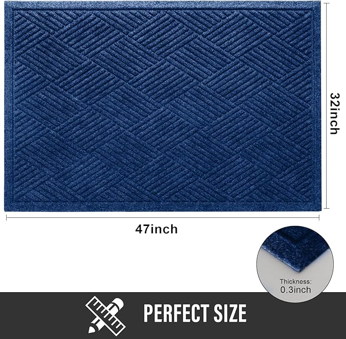 HIYARD Sturdy Front Door Mat, Absorbent Muddy Dirt Resist Welcome Door Mats Outdoor Indoor, Stain and Fade Resistant, Non-Slip Rubber Backing Low Profile Doormat for Entryway, 47×32, Blue