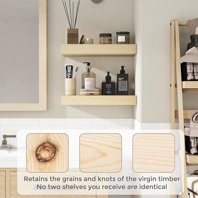 Marsmiles 36 Inch Floating Shelves | Unfinished Natural Wood Floating Shelves Set of 2 | 36" W x 7.7" D x 1.6" H Natural Wooden Wall Shelves for Living Room Bathroom Kitchen