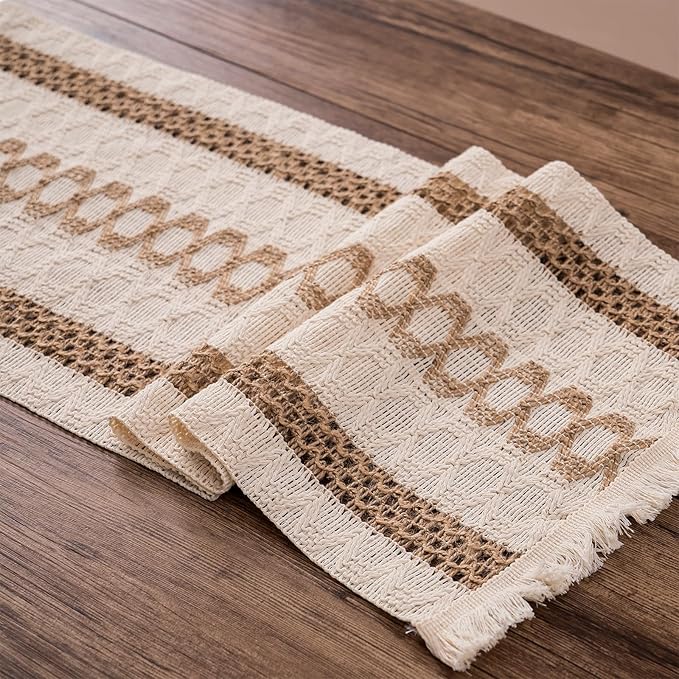 Niviy Boho Table Runner with Tassels 12 x 48 Inches Long, Cream & Brown Rustic Farmhouse Table Runner with Tassels for Home Kitchen Holiday Party and Wedding Decor Runner