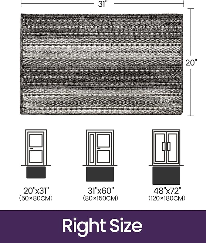 DEXI Dirt Trapper Door Mat, 20x31 Washable Doormat, Dirt Resistant and Absorbent, Easy Clean Low-Profile Floor Rugs for Entryway, Front Door, and Inside Entrance, Striped Grey
