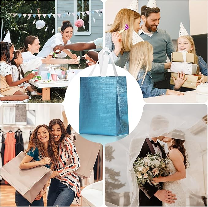 cabzymx Blue Small Reusable Gift Bags with Metallic Design, 25 Pcs Return Gift Bag Bulk for Wrapping Gifts, Birthday, Wedding, Parties-10.2x3.9x8.3 In