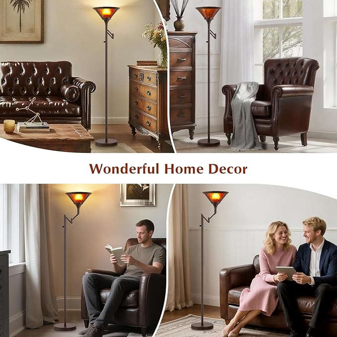 EJIAXIN Floor Lamps for Living Room - 70" Brown Torchiere Standing Floor Lamp with Adjustable Swing Arm - Tall Corner Lamp Decor for Bedroom with Mica Shade LED Reading Light for Home Office
