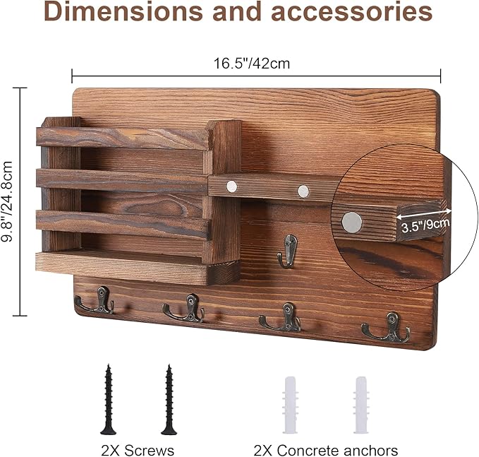 Decorative Key Hanging Rack with 10 Hooks – Easy Install Natural Wooden Key and Mail Holder for Wall Mount – Entryway Decor Rack with Shelf (Brown)