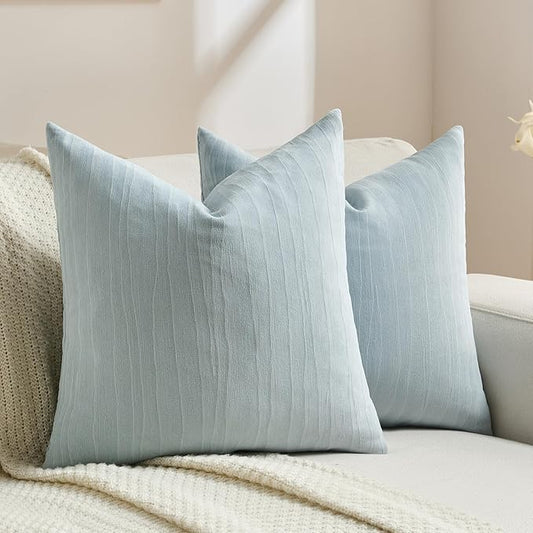 FUTEI Grey Blue Chenille Decorative Throw Pillow Covers 16x16 Inch Set of 2,Soft Crushed Striped Texture Cushion Case,Modern Home Decor for Couch Bed Living Room