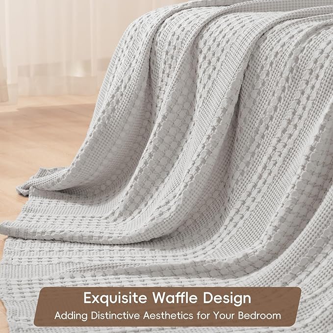 PHF 100% Cotton Waffle Weave Blanket Queen Size for Bed, Soft Lightweight & Breathable, All-Season Comfort, 300 GSM Luxury Aesthetic Blanket for Home Decor, 90"x90", Light Grey