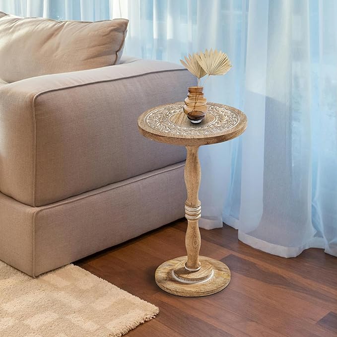 The Wooden Town Hand-Carved Solid Wood End Table - 12x22 White Wash Finish Accent Side Table for Living Room, Bedroom Nightstand, Small Pillar Table for Plants or Décor