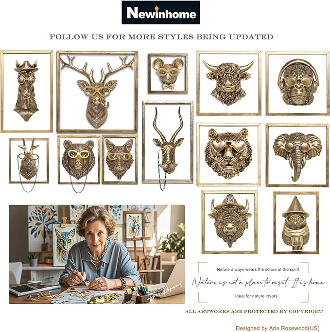 Newinhome Animal Heads Wall Decor (Includes Metal Frame) Resin Animals Sculptures Head Wall Hanging Decoration Gold vintage Wall Sculpture for Living Room Bedroom Office (Elephant)