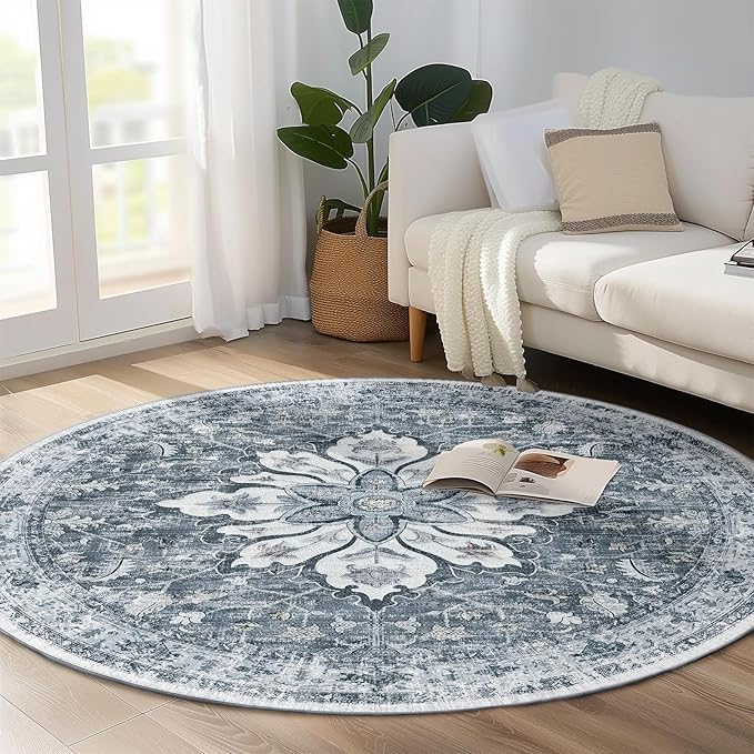 RELEANY Area Rugs 6ft Washable Non-Slip, Floral Vintage Distress Print Pattern Medallion Carpet for Living Room Bedroom Dining Room, Light Gray Grey White