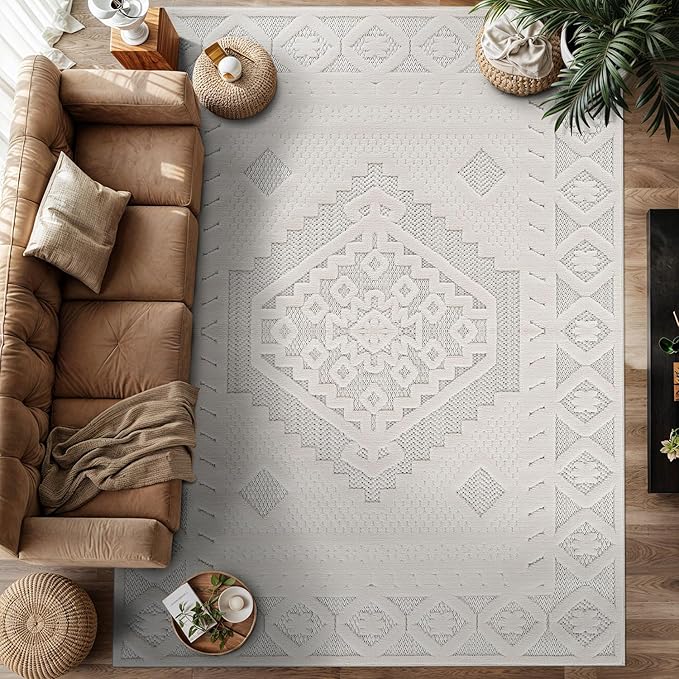 Luul Home Modern Micro Loop Indoor Area Rugs for Living Room Bedroom Kitchen Geometric Trellis White 5x7 Luxury Durable Low and High Pile Non-Shedding Stain Resistant Soft Area Carpet 5 x 7