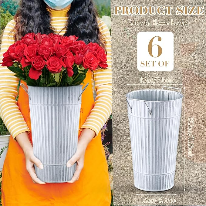 Layhit 6 Pcs 12 Inch Galvanized Flower Buckets Metal Flower Vases with Handle Farmhouse French Bucket Planter Floral Container for Flowers Wedding Bridal Shower Home Table Decor(Retro White)