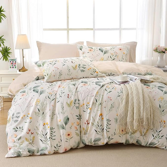 MUXHOMO Duvet Cover King Size, Reversible Floral Vintage Cover Set with Zipper Closure, 3 Pieces Botanical Patterns Soft Microfiber Bedding Set (90"x104", 2 Pillow Cases 20"×36", Garden Leaves Beige)