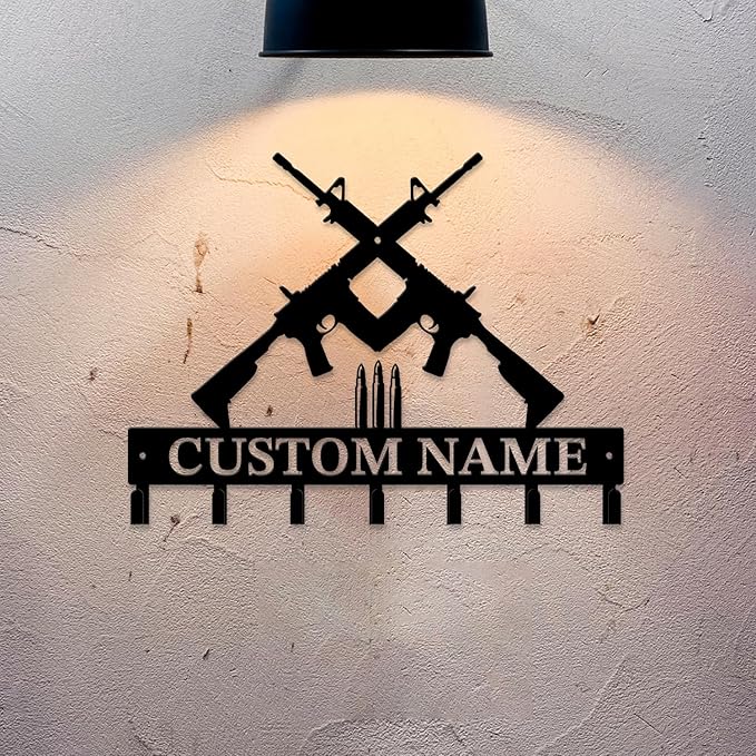 Personalized Custom Name Gun Wall Hooks,Metal Gun Room Art Clothes Hooks,Metal Gun Wall Home Storage Decorative,For Front Door, Hallway, Kitchen, Bedroom,Keys,Hats (Style J)