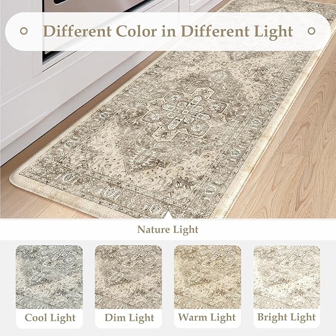KIMODE Kitchen Mat for Floor Cushioned Anti Fatigue, Boho Vintage Kitchen Rugs Sets of 2, Non Slip Waterproof Kitchen Floor Mats, Comfort Standing Mats for Sink Laundry Desk Khaki 20"x59"+20"x32"