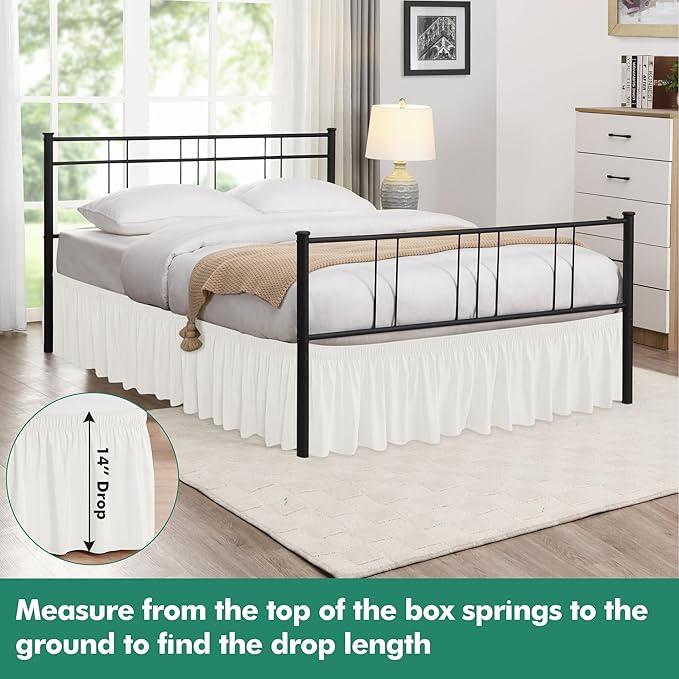 Biscaynebay Wrap Around Bed Skirts with Split Corners for Full Beds 14" Drop, Ivory Elastic Dust Ruffles Adjustable Easy Fit Wrinkle & Fade Resistant Silky Luxurious Fabric Machine Washable