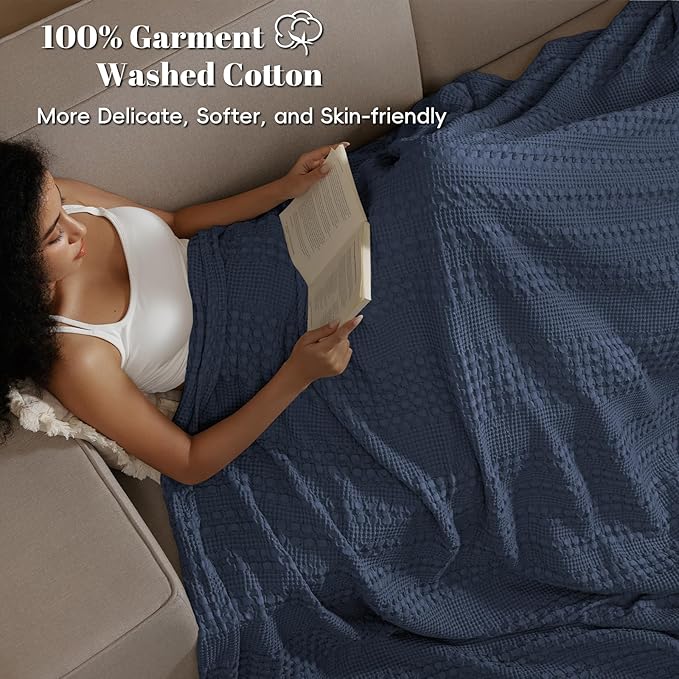 PHF 100% Cotton Waffle Weave Blanket King Size for Bed, Soft Lightweight & Breathable, All-Season Comfort, 300 GSM Luxury Aesthetic Blanket for Home Decor, 108"x90", Indigo
