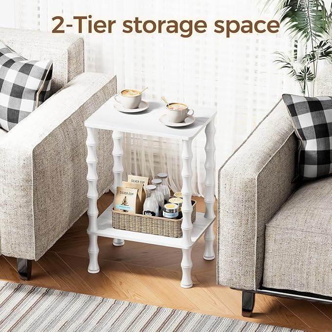 Side Table, 2-Tier End Table with Storage Shelf, Night Stand for Small Spaces, Modern Coffee Tables for Living Room, Bedroom (1, White)