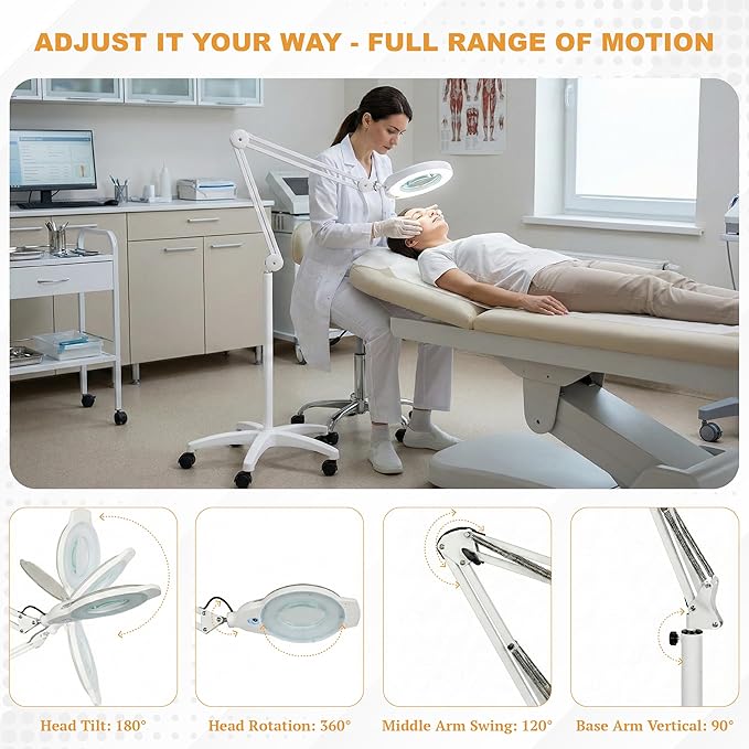 Professional Magnifying Lamp with UV Light, 5X Optical Glass Lens, Adjustable LED Brightness, 360° Swivel Wheels, Extendable Arm, Ideal for Detail Work by Tattoo Artists, Lash Extension Experts