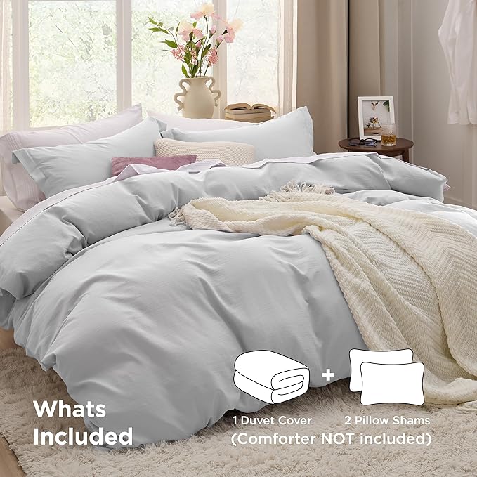 Bedsure Light Grey Duvet Cover King Size - 3 Pieces Prewashed Cotton-Like Extra Soft Bedding Set, Includes 1 Duvet Cover 104x90 Inches with Zipper Closure & 2 Pillow Shams, Comforter Not Included