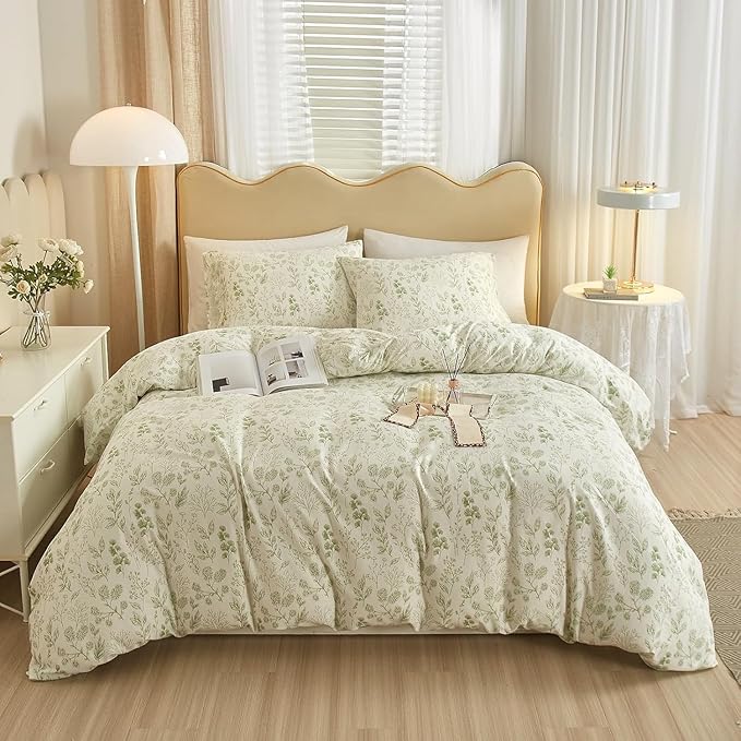 Vintage Boho Floral Duvet Cover Twin White Green Floral Print Bedding Set Cotton Botanical Floral Comforter Cover Garden Flowers Aesthetic Bedding Cover Boho Style Twin Duvet Cover with Zipper Closure