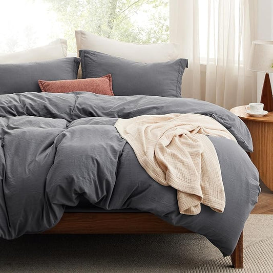 Bedsure California King Size Duvet Cover with Fitted Sheet - 4 Pieces Prewashed Cotton-Like Extra Soft Bedding Set, Includes 1 Duvet Cover 104x98 Inches, 2 Pillow Shams, 1 Fitted Sheet, Dark Grey