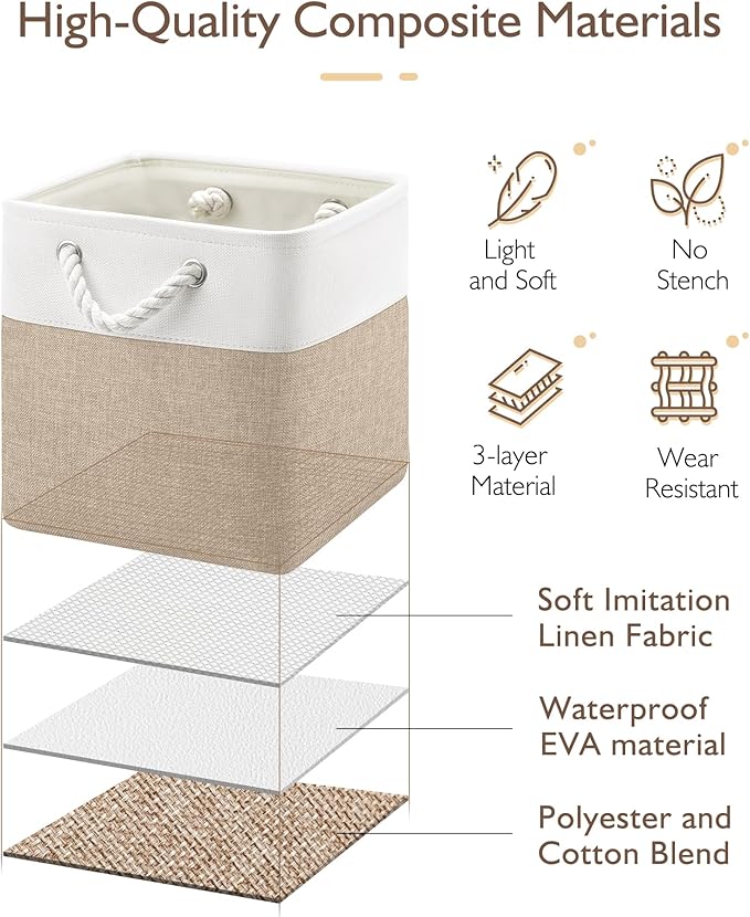 11 Inch Storage Cubes 4-Pack, Foldable Fabric Organizer Bins with Rope Handles, Cube Storage Baskets for Closet Shelves and Home Organization(White/Khaki)