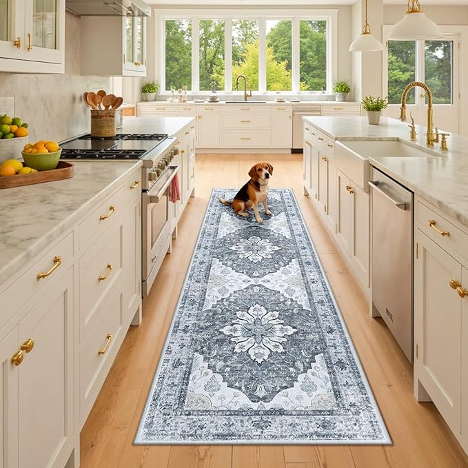RELEANY Area Rugs 2'6''x8' Washable Non-Slip, Floral Vintage Distress Print Pattern Medallion Carpet for Living Room Bedroom Dining Room, Light Gray Grey White