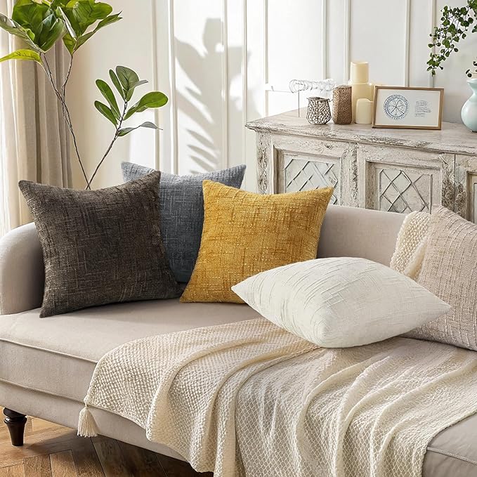 decorUhome Spring Dark Brown Chenille Throw Pillow Covers 18x18 Set of 2 Textured Slubby Couch Pillow Covers Farmhouse Accent Modern Neutral Decorative Pillow Cases for Bed Sofa Living Room