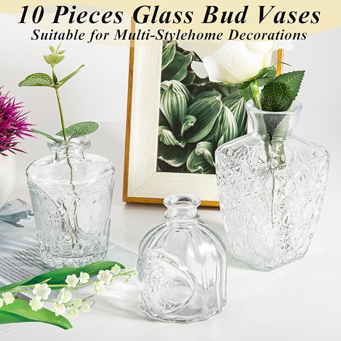 Bud Vases,IJRPLM Set of 10 Glass Bud Vases in Bulk,Small Vases for Centerpieces,Clear Vases Bulk Mini Vases for Flowers,Vintage Bud Vases for Home Table Flower Décor Rustic Wedding Decorations