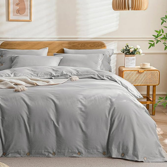 JELLYMONI Cotton Duvet Cover Full Size - Light Gray Comforter Cover with Button 100% Washed Cotton 3PCS Breathable Soft Solid Bedding Set Duvet Cover 80×90in & 2 Pillowcases (NO Comforter)