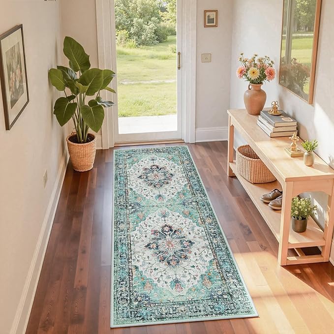 RELEANY Area Rugs 2'x6' Washable Non-Slip, Floral Vintage Distress Print Pattern Medallion Carpet for Living Room Bedroom Dining Room, Green Navy Blue White Red Teal Colorful