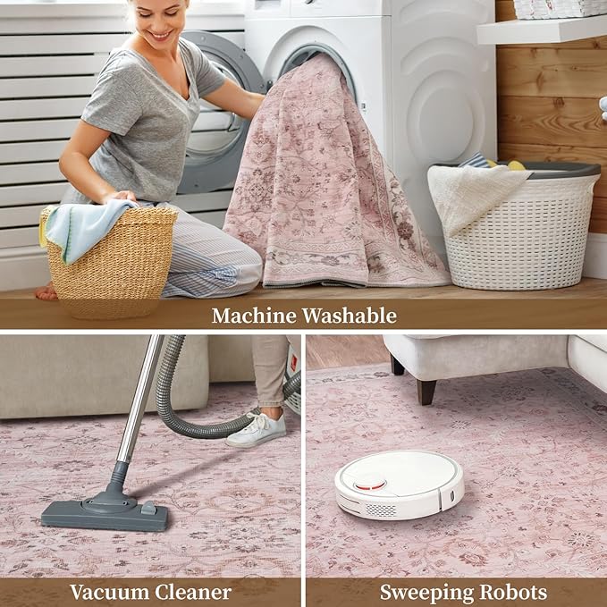 MontVoo-Vintage Area Rug 6X9 Pink Rugs for Living Room-Soft Distressed Printed Rugs for Bedroom-Non Slip Carpet-Machine Washable Rug for Dining Room Living Room Bedside Office